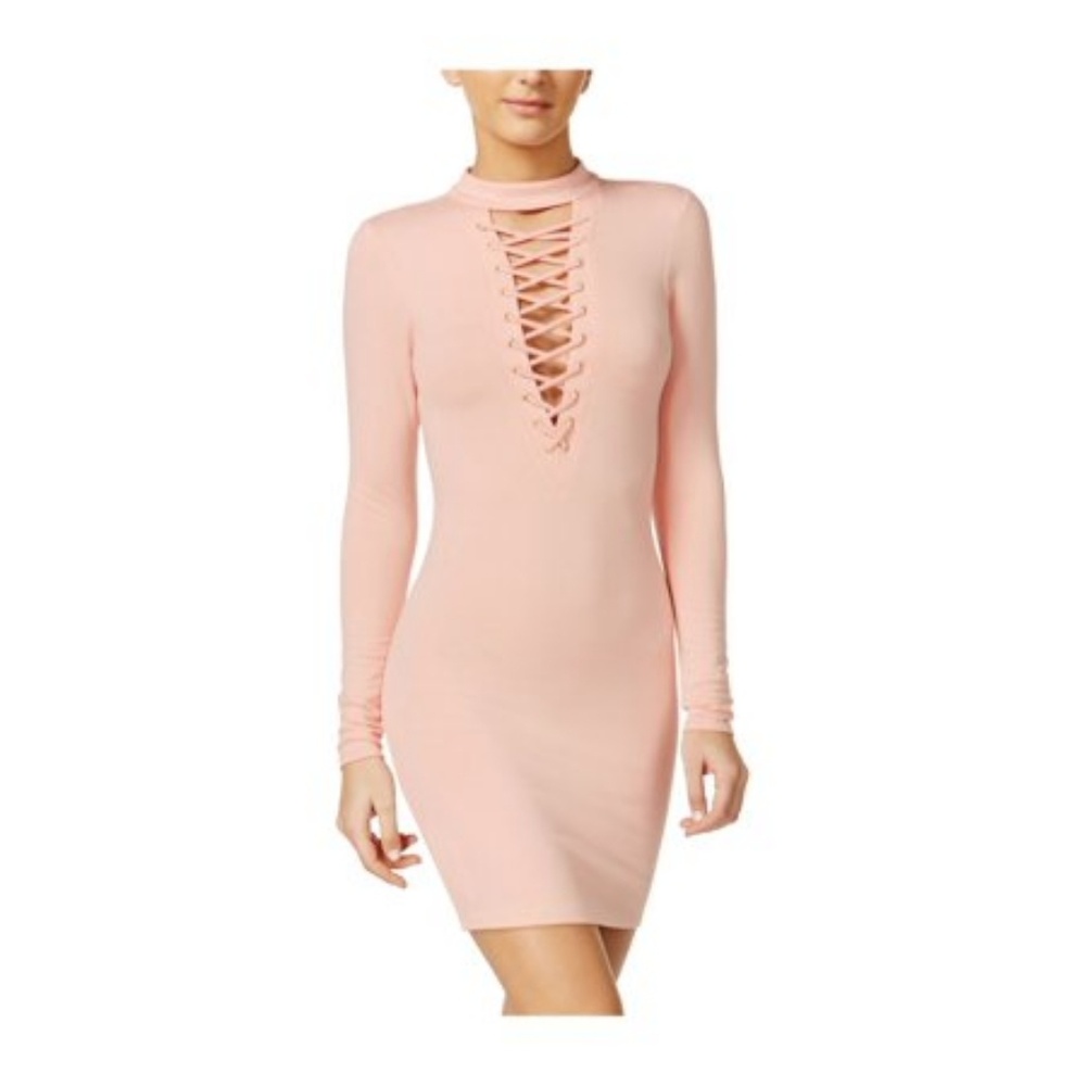 BABY PINK V Lace up Neck Line Bodycon Dress